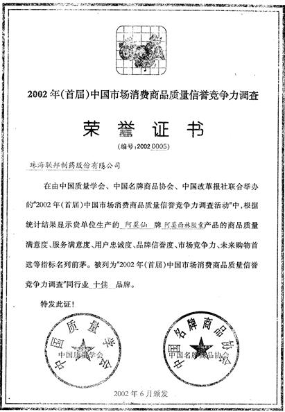 阿莫西林膠囊被列為“2002年（首屆）中國）市場消費(fèi)商品質(zhì)量信譽(yù)競爭力調(diào)查同行業(yè)十佳品牌”